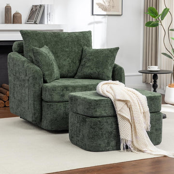 Modern Swivel Lounge Chair and Ottoman — Green Chenille