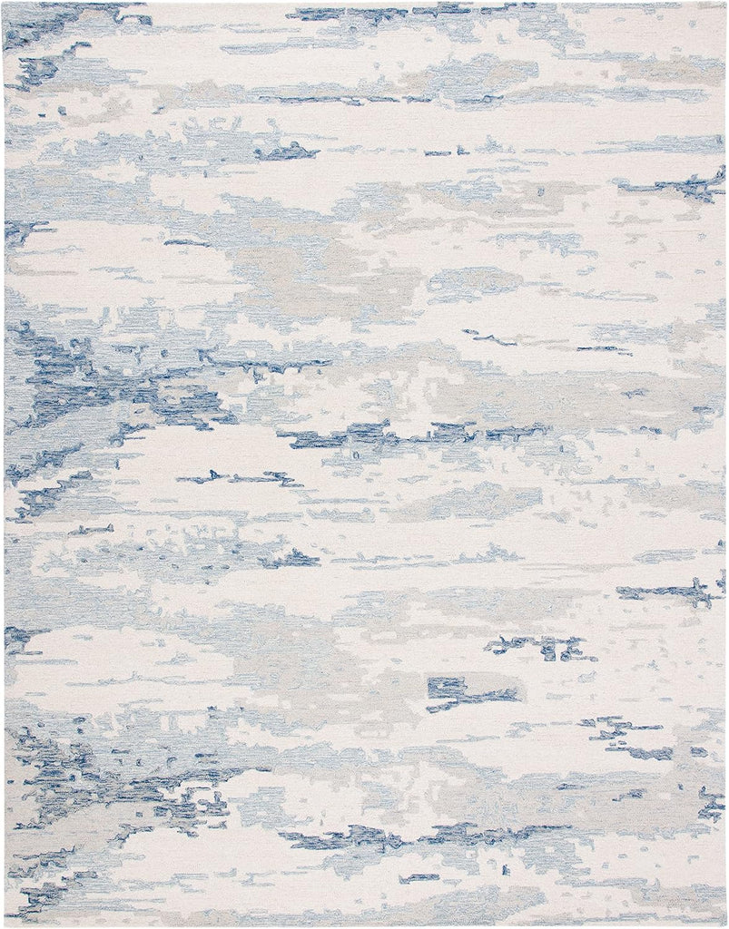 Abstract Area Rug - 10' x 14', Ivory & Blue, Handmade Abstract Wool
