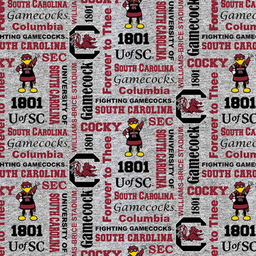 South Carolina Gamecocks Heather Fleece Fabric with Verbiage - 58 inches x 60 inches - Polyester/100% - Print Pattern