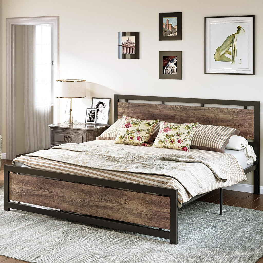 King Bed Frame with Headboard and Footboard, Metal Strong Supports, Easy Assembly, Noise-Free, No Box Spring Needed