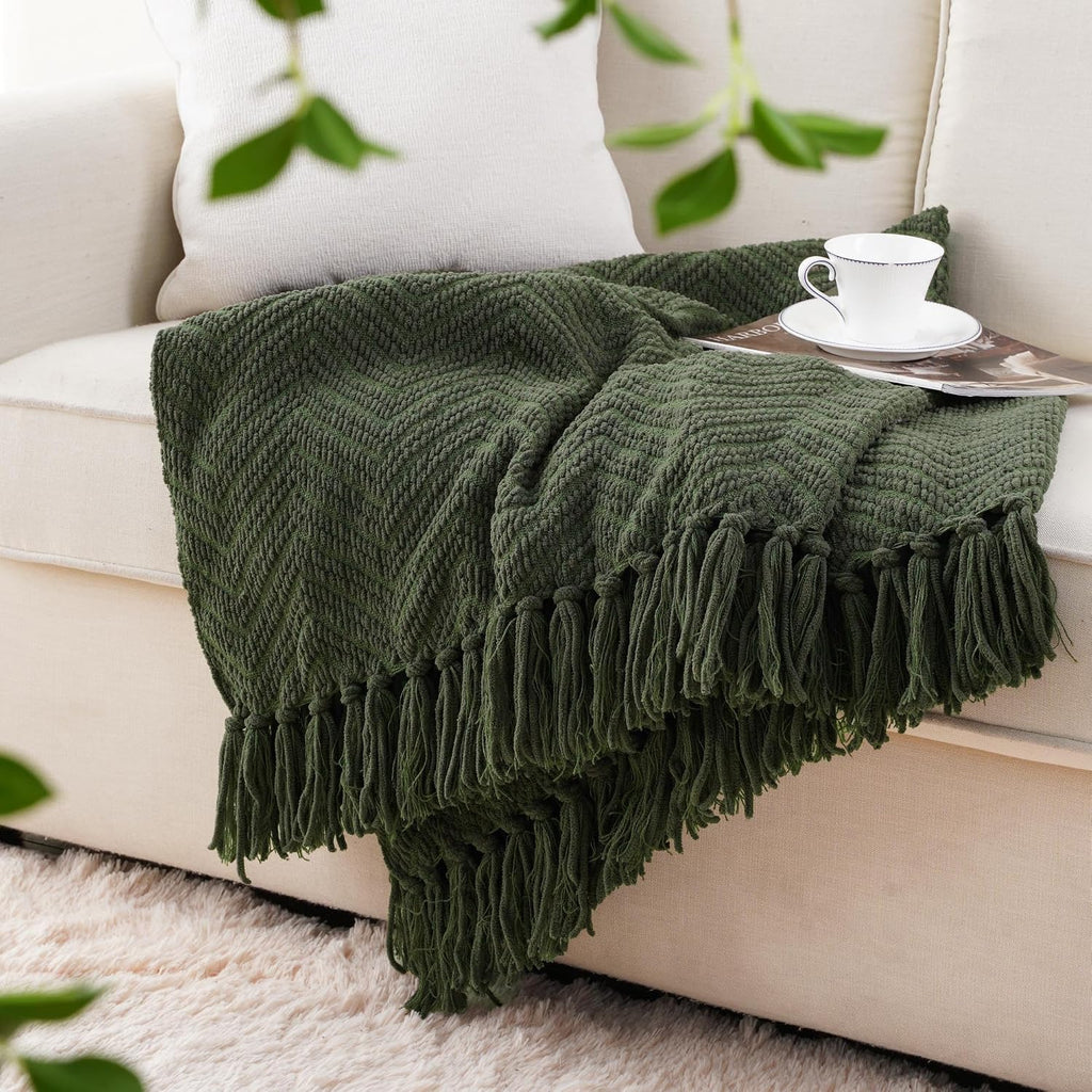 Olive Green Chenille Throw Blanket, Knit Throw Blanket,Super Soft Warm Home Decor Throw Blanket with Tassels,50" x 60"