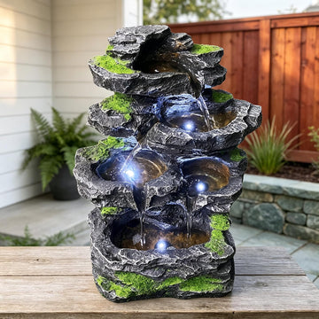 5-Tier Cascading Rock Water Fountain with White LED Lights, Modern Art Design Resin Waterfall Natural Stone Look