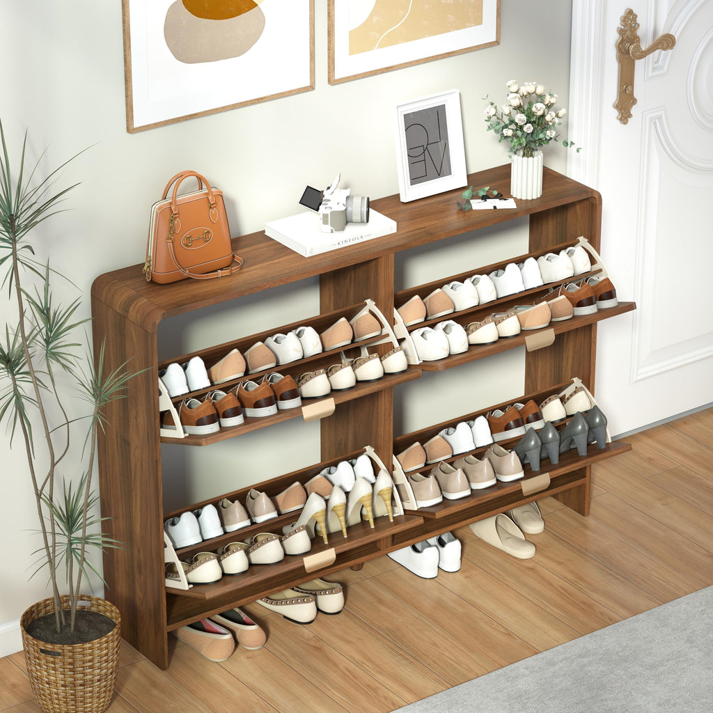 47" Large Shoe Storage Cabinet with 4 Flip Drawer Arched Fluted Pattern, Farmhouse Hidden Narrow Curved Corner Shoe