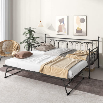 Day Bed with Trundle Bed Twin Pop Up, Height Adjustable Twin Daybed with Trundle Pop Up, Metal Sofa Bed Frame with