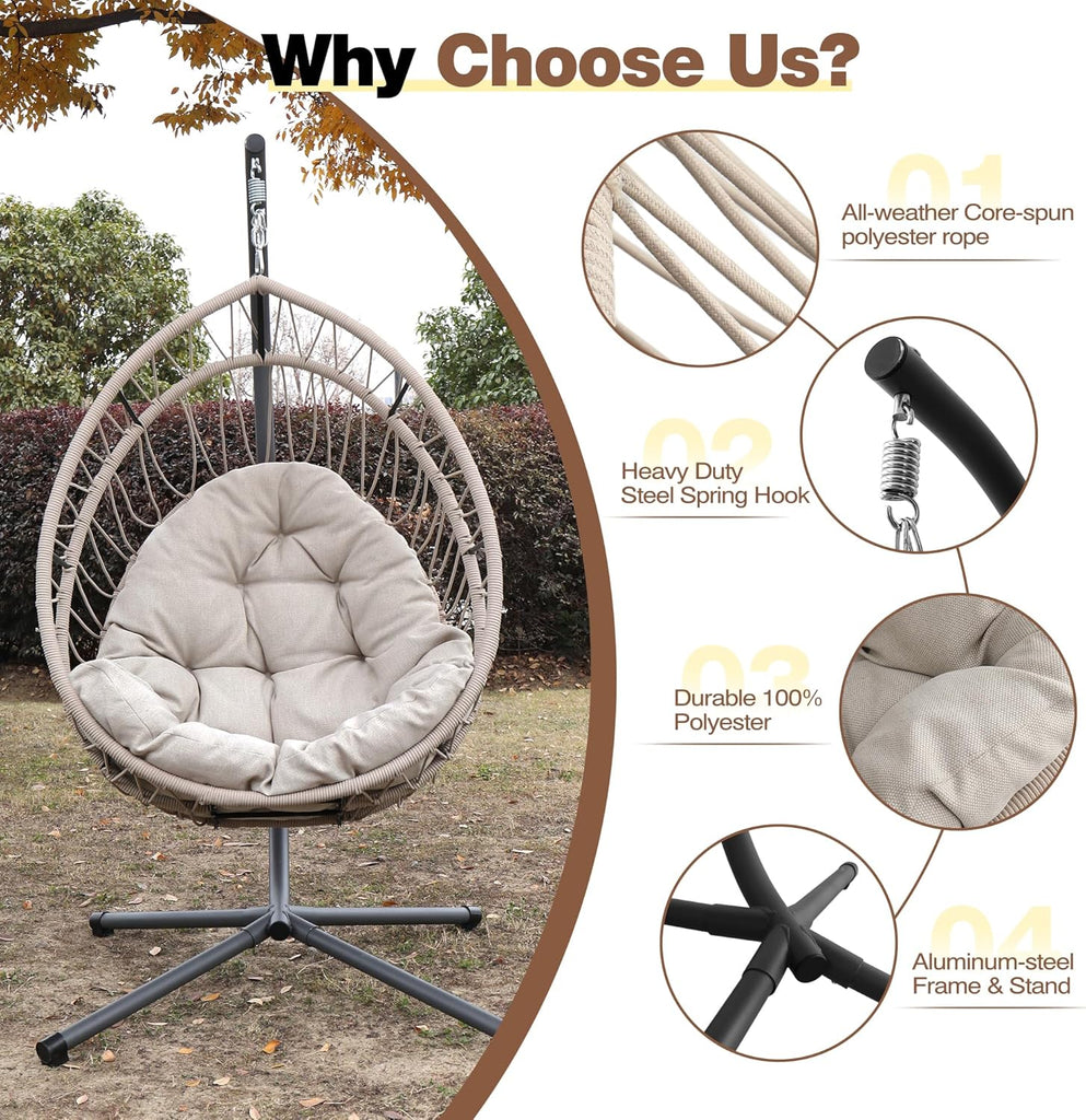 Hanging Egg Chair with Stand, Foldable Hammock Swing Chair Made by Durable All-Weather Core-Spun Polyester Rope with