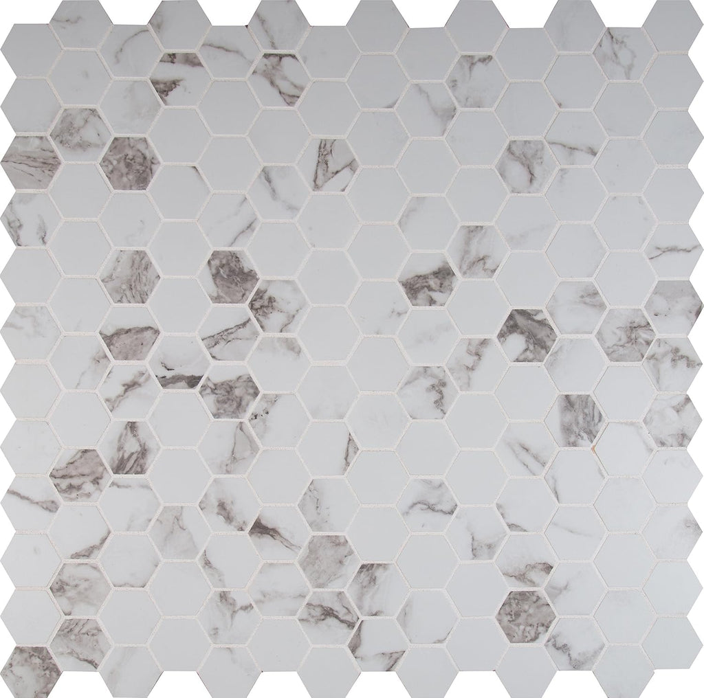 Statuario Hexagon Glazed Porcelain Mesh Mounted Wall Tile Flooring