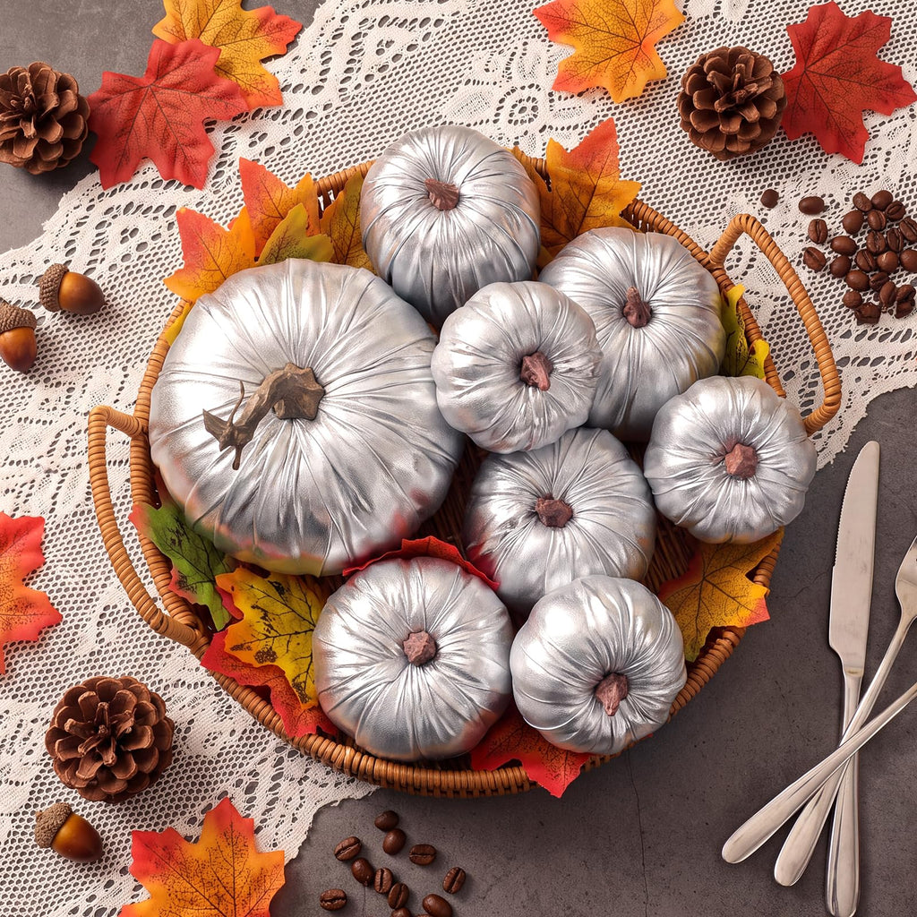 8 Pcs Fake Silver Leather Pumpkins Artificial Pumpkin Decoration