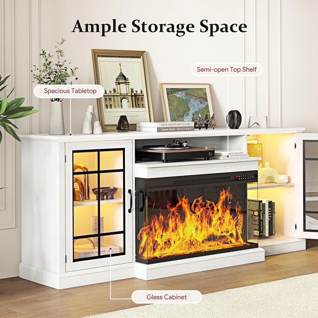 80'' Fireplace TV Stand, Farmhouse Entertainment Center with 3 Sided Glass TV Stand, Modern Media Console Table with Storage Drawers & Cabinets with LED Flame and Lights for Living Room, White