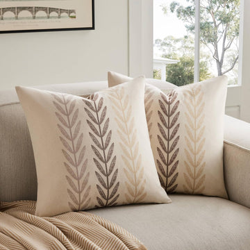 100% Cotton Farmhouse Leaves Throw Pillow Covers Set of 2, 18x18 Inch Mixed Beige Pastoral Decorative Print Cushion