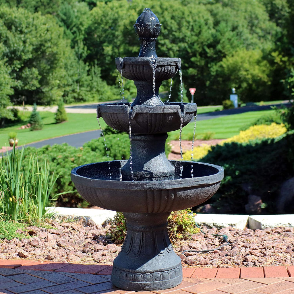 Flower Blossom 43" Tiered Outdoor Water Fountain - 3-Tiered Outdoor Fountain - Black Finish