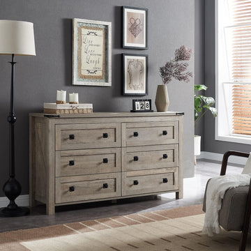54" Wide Farmhouse 6-Drawer Dresser , Light Rustic Oak | Rustic, Wood Storage Cabinet, Metal Handle, Unique Corner