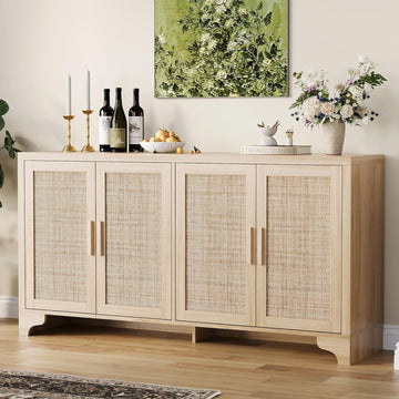 4-Door Sideboard Buffet Cabinet, Natural Rattan Storage Cabinet, Boho Entryway Console Table