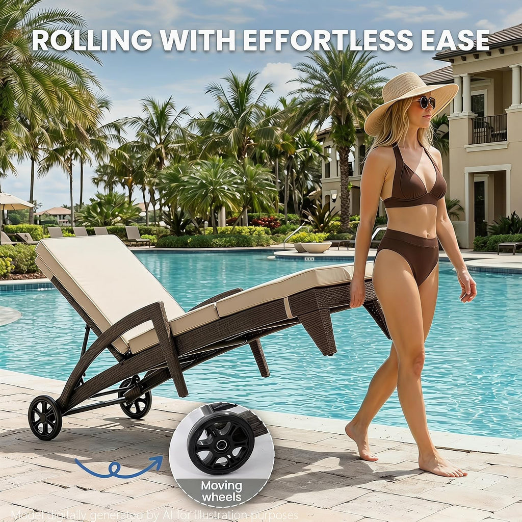 Chaise Lounge Chairs Set of 2, Upholstered 5-Positions Adjustable Lounge Chairs, Wicker Outdoor Long Reclining Chaise