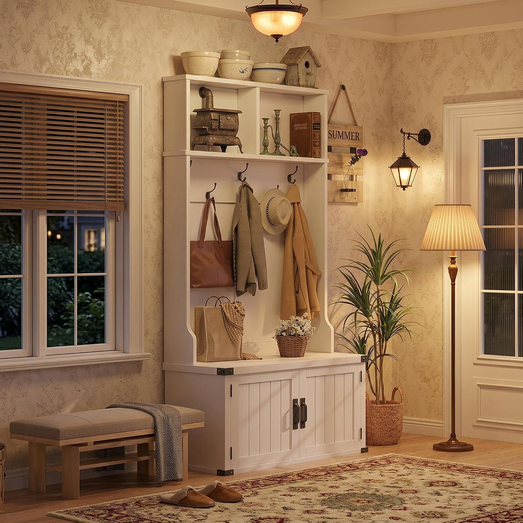 Farmhouse Hall Tree with Bench and Shoe Storage, 77" Tall Entryway Hall Tree w/ 5 Tri-Hooks Coat Rack, Mudroom Rack