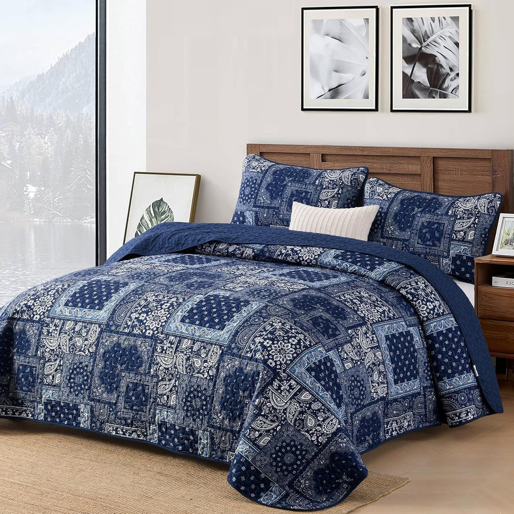 Blue Patchwork Quilt Set,Boho Navy Blue Quilt Set,Paisley Farmhouse Bedspread Soft Microfiber Bedding Set