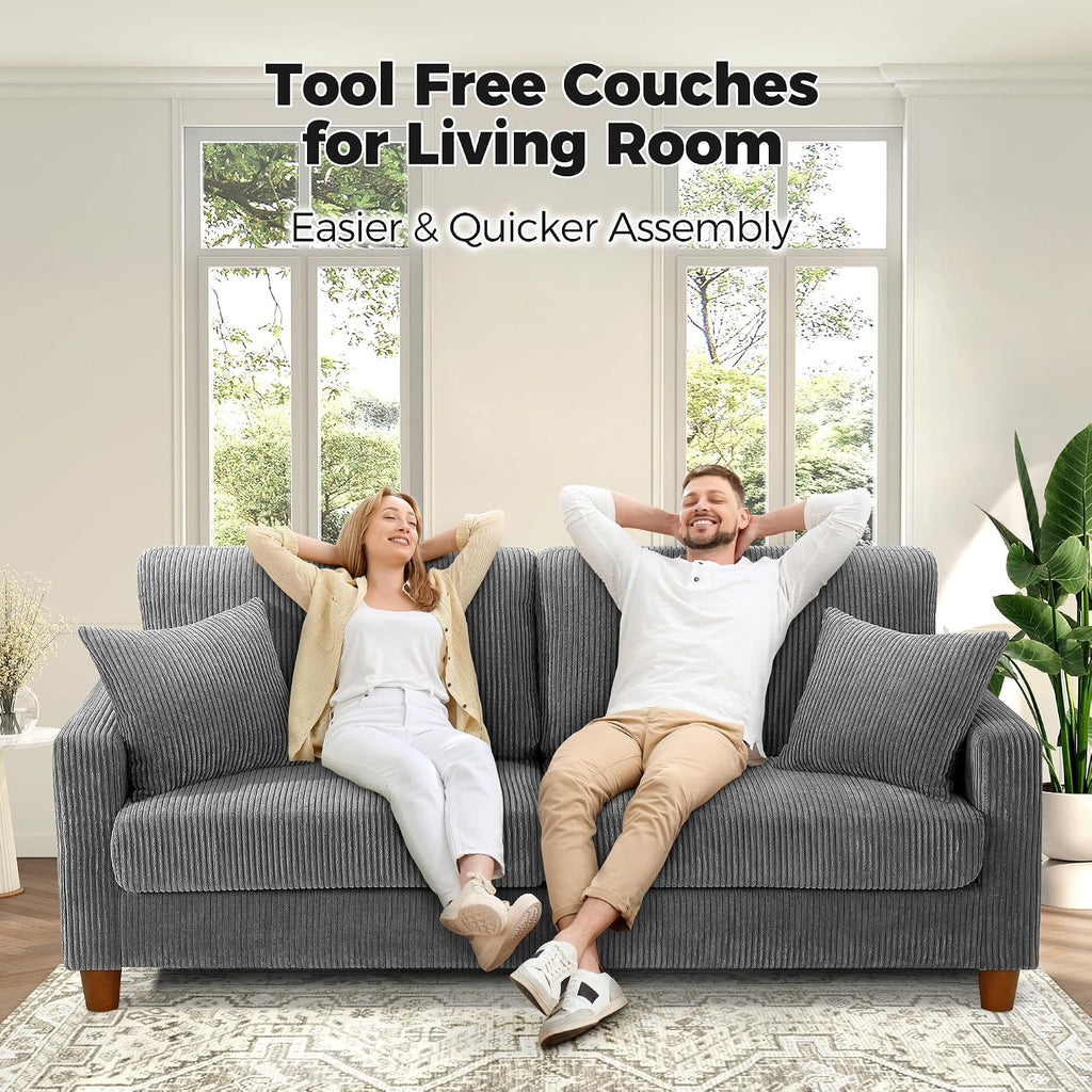 70in Corduroy Couch, Sofa No Tool Assembly, Comfy Couches 21in Deeper Seats, Corduroy Sofas with 2 Pillows, Oversized