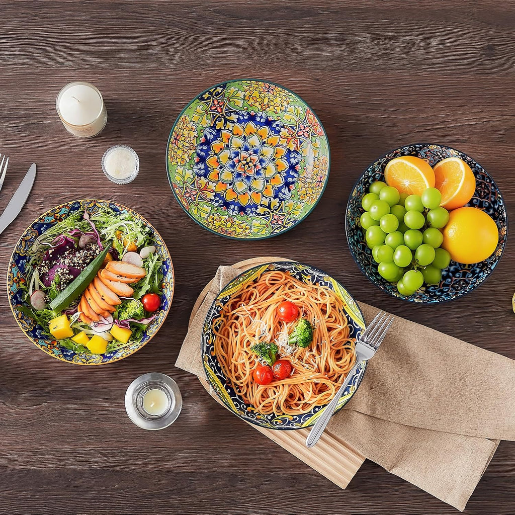 Pasta Bowls Set of 4, 42oz Ceramic Serving Bowls,Boho Pasta Plates | Large Shallow Bowls for Pasta, Salad, Soup, 42