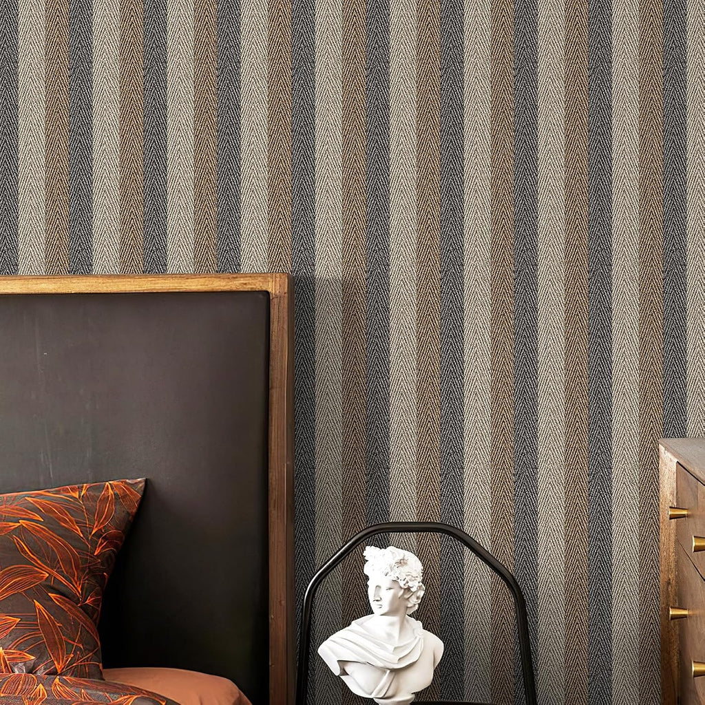 Textured Fabric Wallpaper Peel and Stick Large Size 26"x400" Black/Brown/Grey Stripes Printed Grasscloth Look Wall