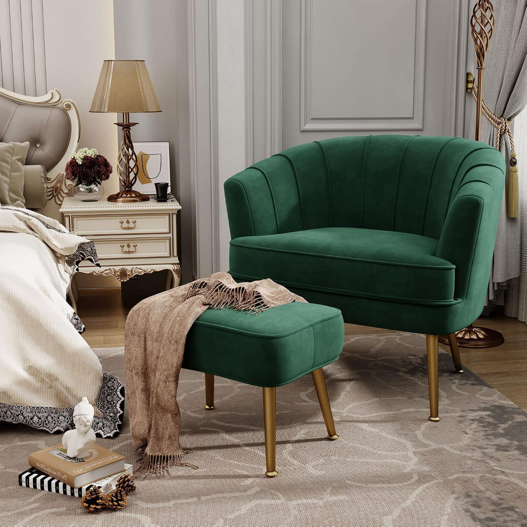 Velvet Accent Chair with Ottoman, Upholstered Modern Single Sofa Side Chair,Comfy Barrel Club Living Room Armchair