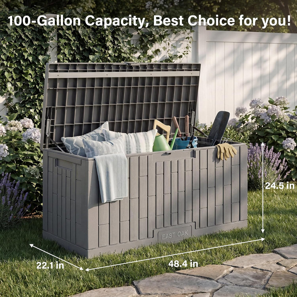 Outdoor Storage Box, 100 Gallon Deck Box, Waterproof Resin Storage Bench Cushions, Gardening Tools, Pool Toys