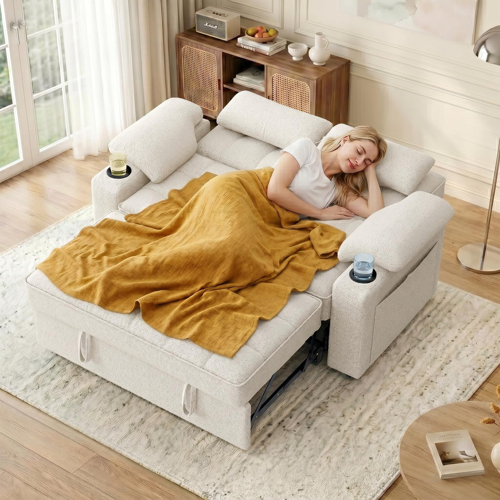 58'' Convertible Sofa Bed with USB Charger and Cup Holders, Teddy Fabric Loveseat Pull Out Couch with Adjustable