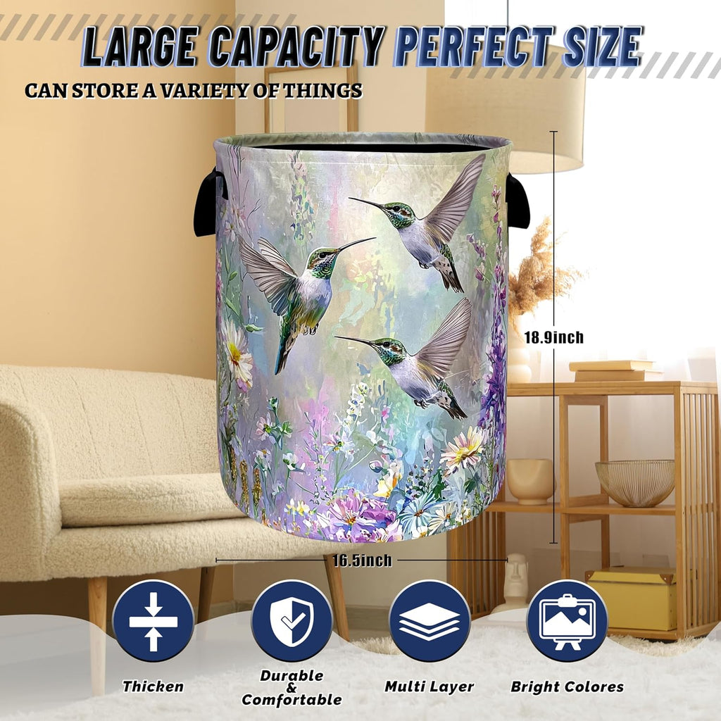 Beautiful Hummingbird Laundry Basket Oxford Cloth Hamper 18.9"x16.5" | Colorful Flower Laundry Hamper With Handle
