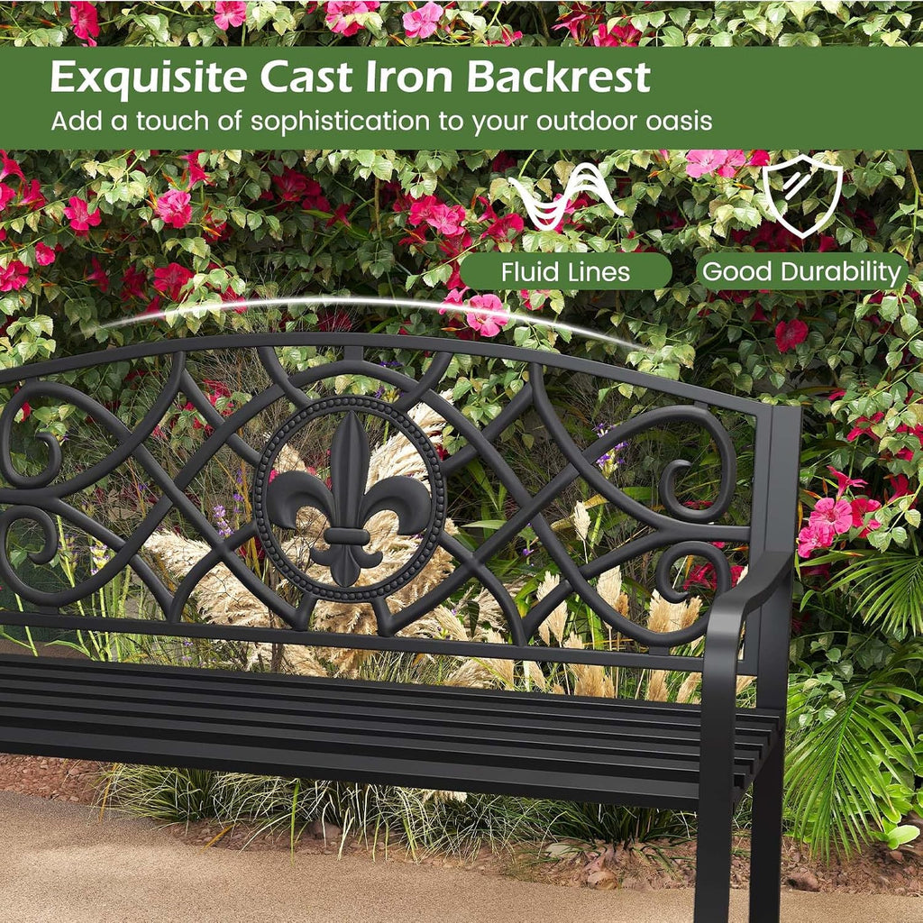 50.5" Outdoor Bench with Metal Frame, Floral Design Cast Iron Backrest, Slatted Seat, Adjustable Foot Pads, Load