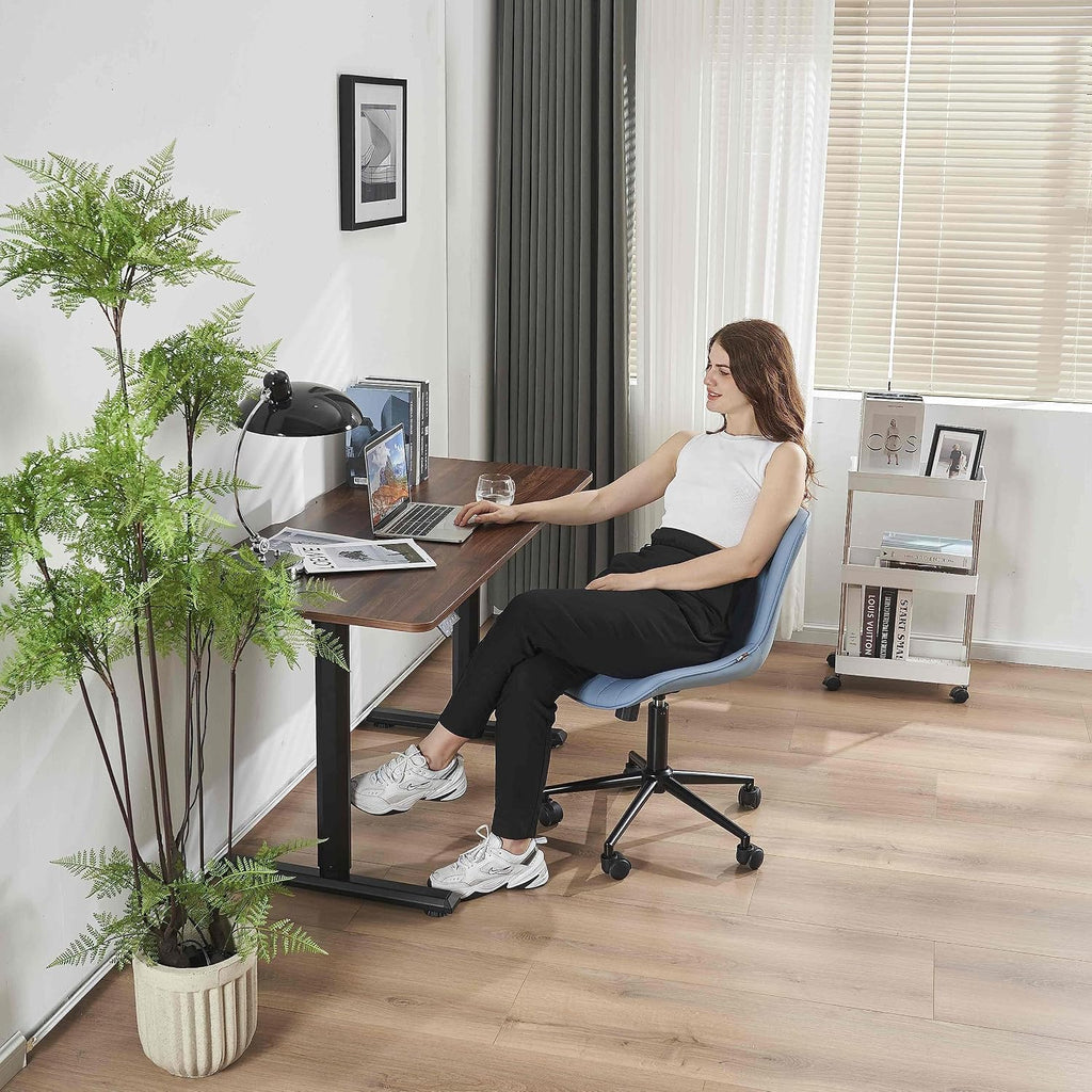 Blue Office Desk Chair with Wheels Comfy Armless Vanity Chair with Back Modern Small Faux Leather Upholstered Rolling