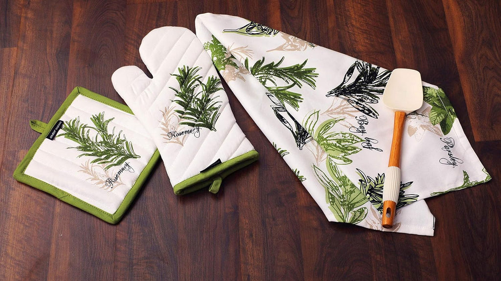 5 Piece Set of Apron, 2 Kitchen Towel, Oven Mitt and Pot Holder Heat Resistant Washable Kitchen Set For Cooking