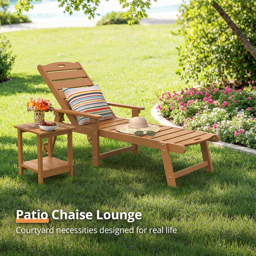Outdoor Chaise Lounge, 5‐Position, 2‐Pack, Teak Color | HDPS Oversized Lounge Chair with Armrest, Fade & Crack