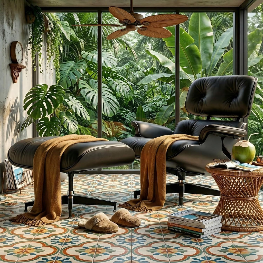 Mid-Century Modern Lounge Chair & Ottoman — Black Bonded Grain Leather, Walnut Base, Premium Tall Back