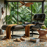 Mid-Century Modern Lounge Chair & Ottoman — Black Bonded Grain Leather, Walnut Base, Premium Tall Back