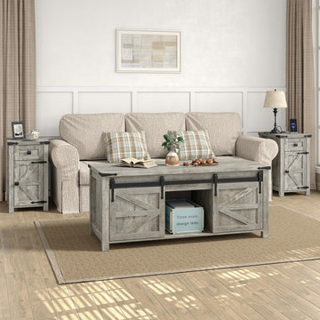 3 Piece Coffee Table Set, Farmhouse Coffee Table Set, End Table Set of 2 with Charging Station & Drawer and 47.3''W