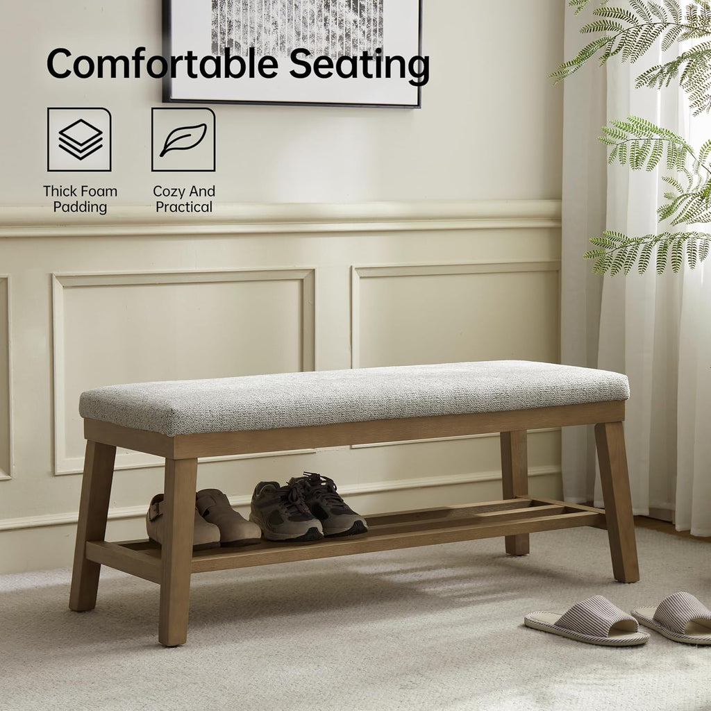 Entryway Bench, 44.4" Upholstered Shoe Storage Bench , Shoe Bench with Rubberwood Legs, Modern End of Bed Storage