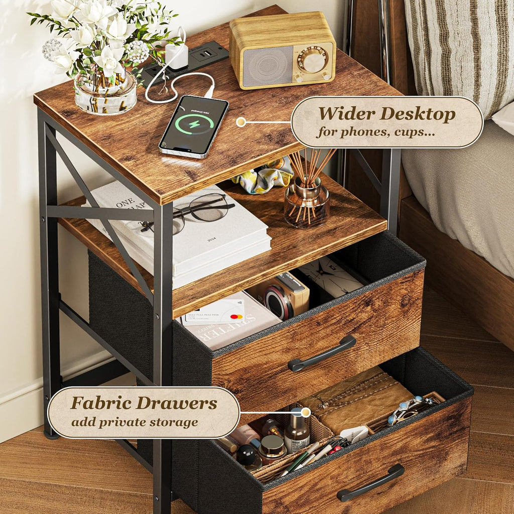 Nightstands Set of 2, Night Stand with Charger Station, 2 Drawer Side Table with Open Shelf, USB-C Port, End Table