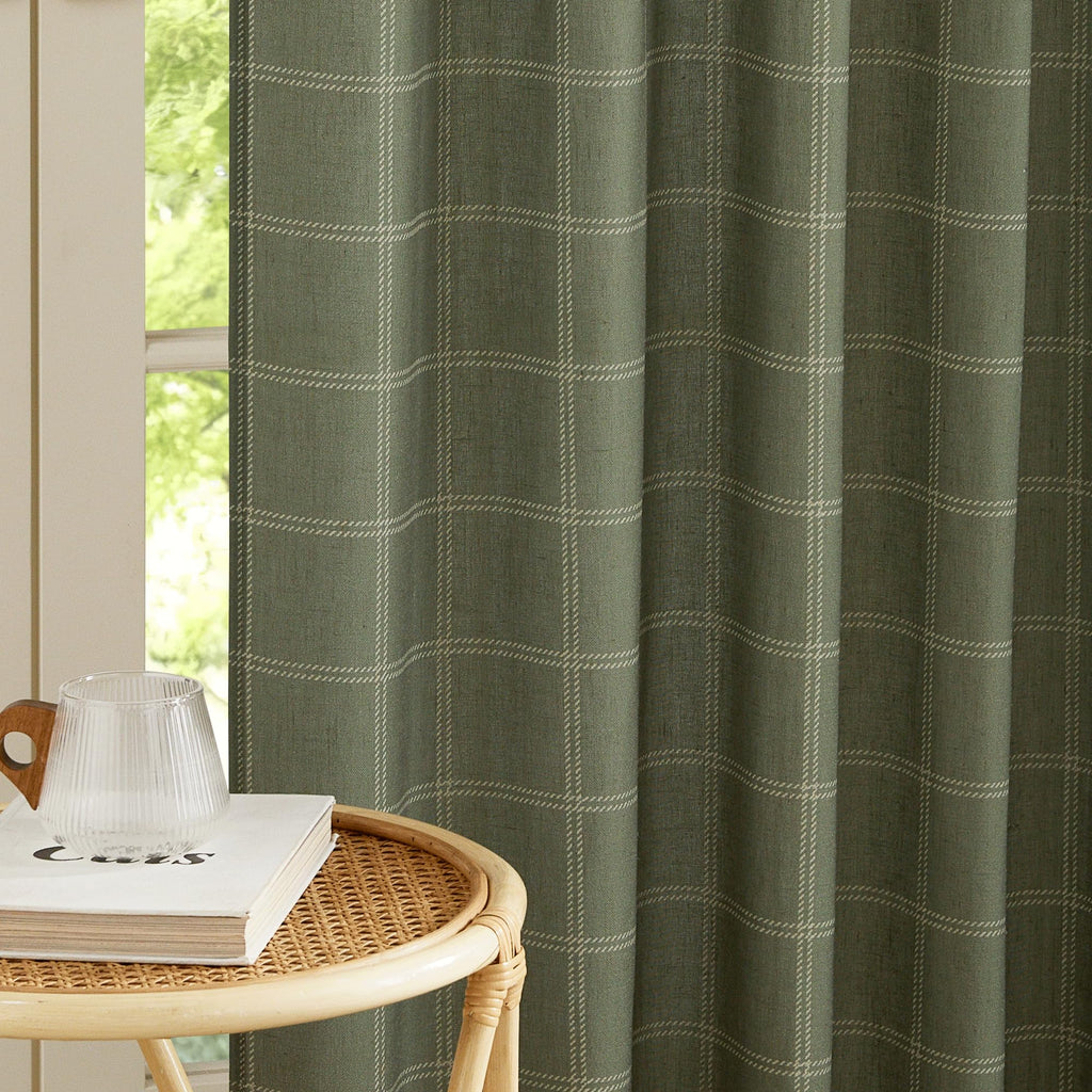 Moss Green Linen Plaid Curtains 96 inches Long
