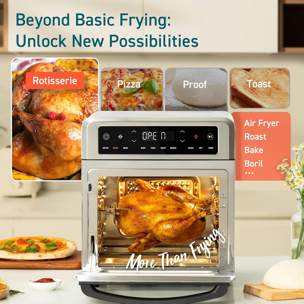 11-in-1 Air Fryer Oven, 13Qt Small Footprint Airfryer combo with Rotisserie, Toast, Bake, Roast, Reheat Functions and more, Recipe Book & 6 Accessories Included, Perfect for Small Countertop
