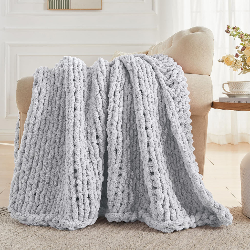 Chunky Knit Throw Blanket 60" x 80", 100% Hand Made, Grey