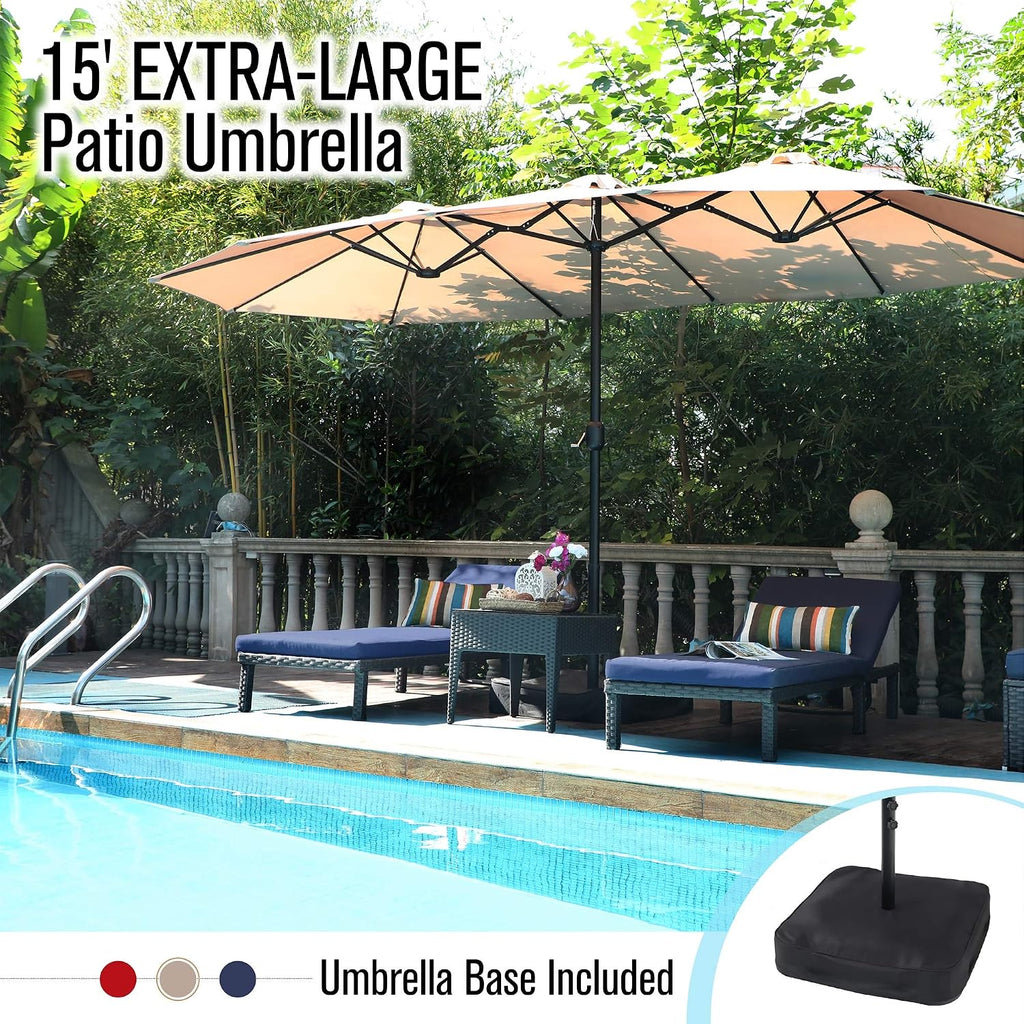 15FT Patio Umbrella with Base, Large Double-Sided Outdoor Market Umbrella with Crank Lift, UV-Resistant Canopy Khaki