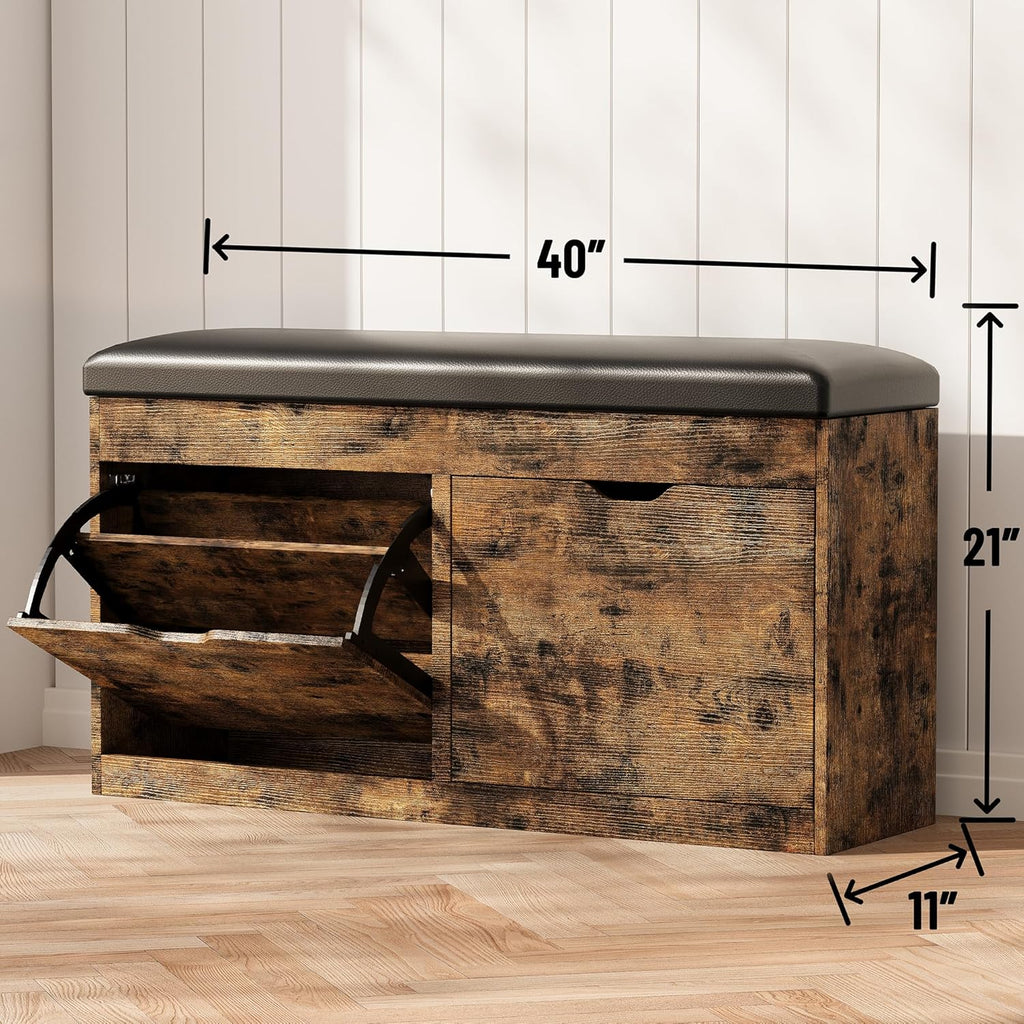 40" Shoe Storage Bench with 2 Flip Drawers & Padded Seat Cushion, Shoe Cabinet with Lift Top Storage Box, Shoe Bench