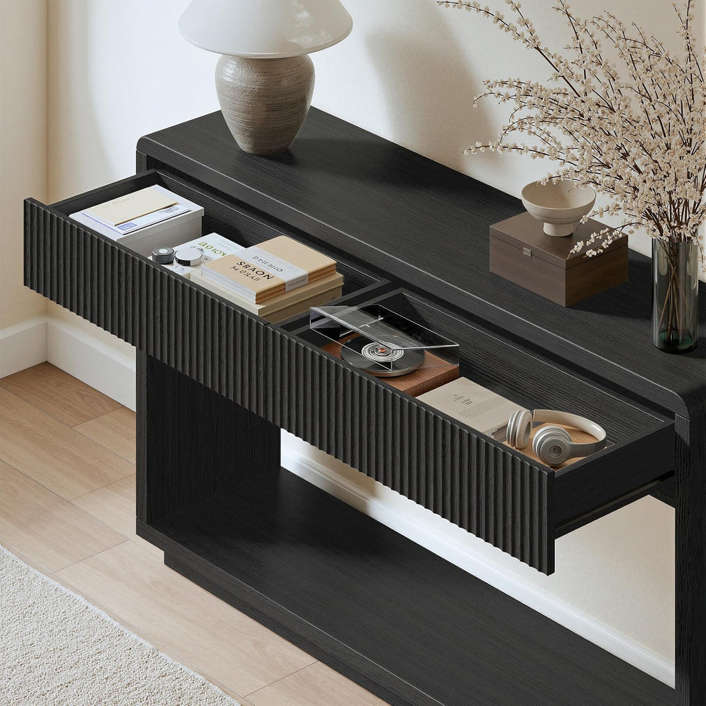 59'' Charcoal Black Entryway Table with Drawers, Fluted Console Table, Mid Century Modern Sofa Table with Storage