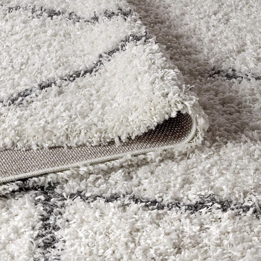 Mercer Shag Plush Tassel Ivory/Gray Indoor Area Rug, Moroccan Geometric Trellis, Easy-Cleaning