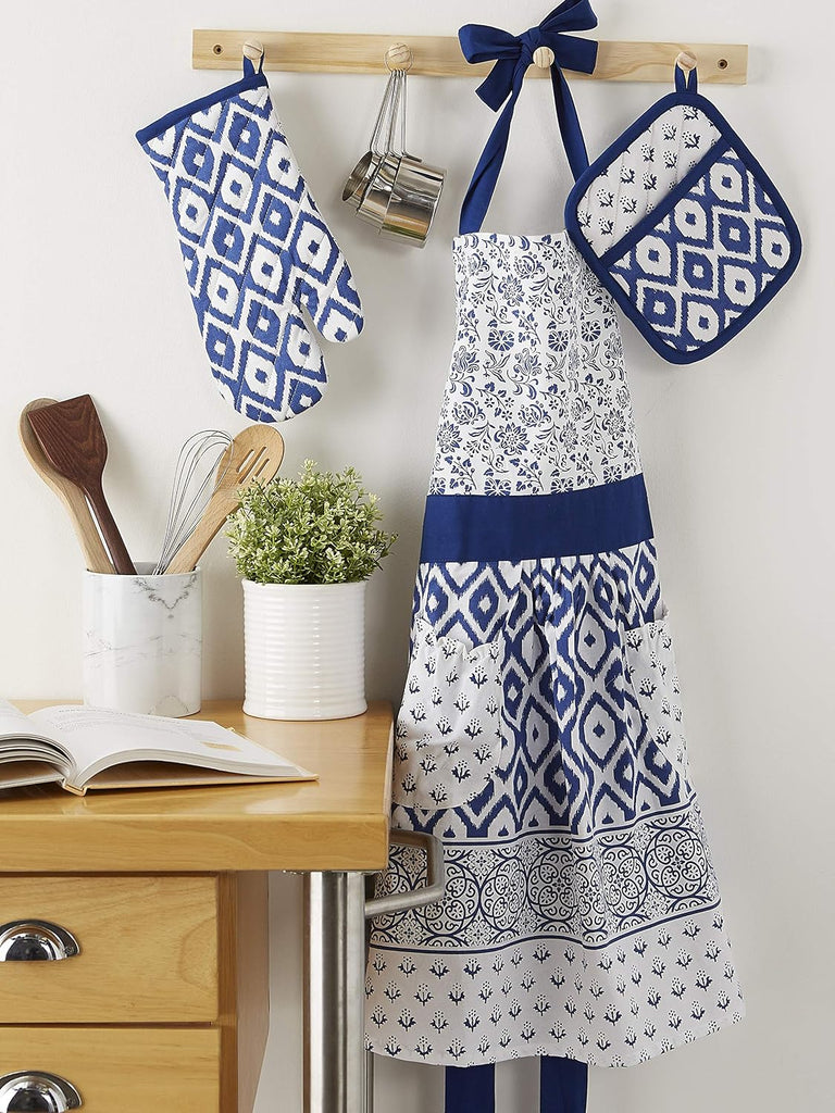 Kitchen Gift Set Collection, Apron, Pot Holder & Oven Mitt, Blue Market, 3 Piece