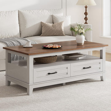 Farmhouse Coffee Table with Drawers, 47.2 in Center Table Rustic Coffee Tables White Brown Living Room Table