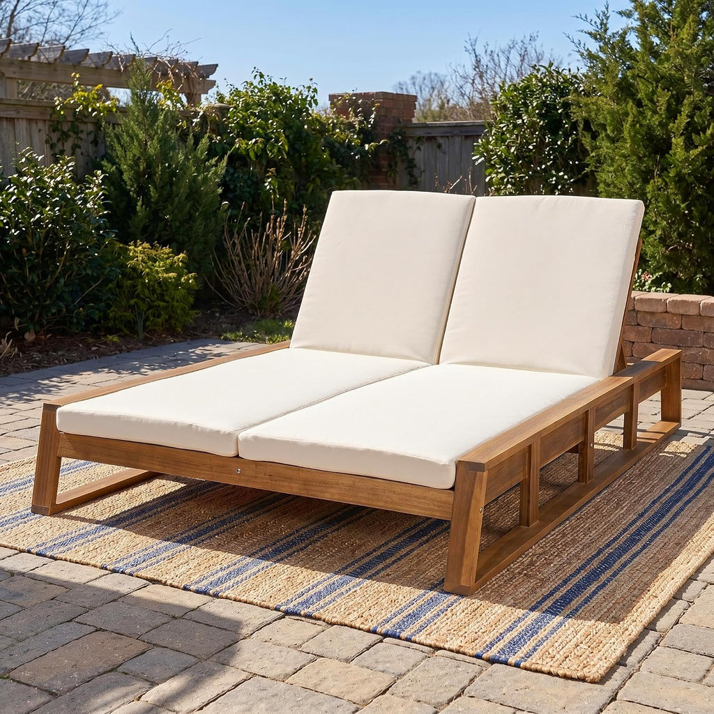 Acacia Wood Outdoor Double Chaise Lounge with Adjustable Backrest Patio Daybed with Thick Cushions Backyard Balcony