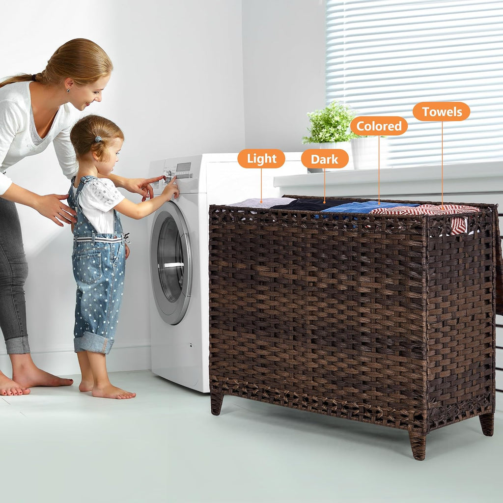 Laundry Hamper with 4 Removable Liner Bags, 176L Laundry Sorter with Lid | Raised Feet; Side Carry Handles; Handwoven