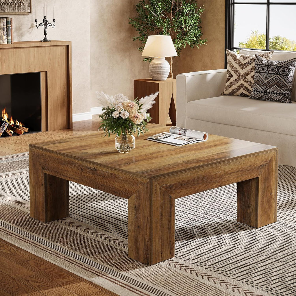 39.4-Inch Square Coffee Table, Farmhouse All MDF Accent Center Cocktail Table with Sturdy Wooden Legs, Easy Assembly