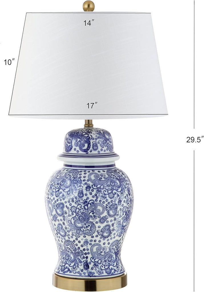 29.5" Blue/White Ceramic Table Lamp and Office, White Linen Drum Shade, Traditional Chinoiserie Ginger Jar Lamp