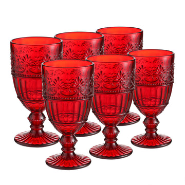 Vintage Red Embossed Goblet Glasses Set of 6, 11 oz Heavy Glass Water Wine Glassware, Dishwasher Safe Colored Glass