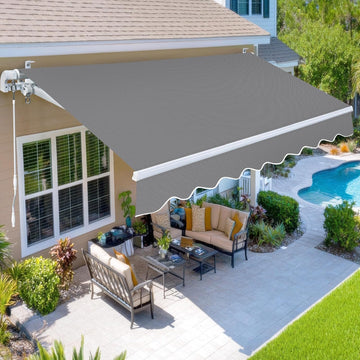9.8'x8.2' Patio Awning Retractable Fully Assembled, Grey | Manual Sunshade Shelter Outdoor Deck Canopy Balcony Awning